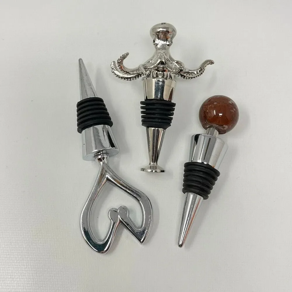 Metal & Stone Wine Bottle Stopper Lot of 3 Metal Octopus & Heart Stone Ball